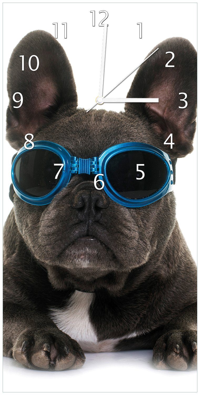Wallario Wanduhr Cooler Hund mit Sonnenbrille in blau - Französische Bulldogge (Uhr aus Acryl)