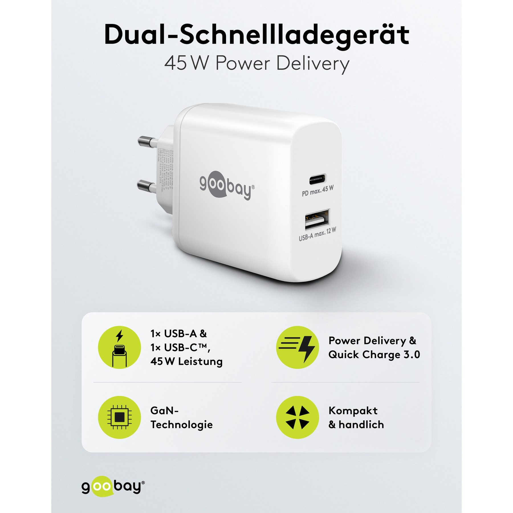 Goobay GOOBAY USB-Lader 65412, 45 W, 2-fach, 1xC PD, 1xA GaN, weiß USB-Ladegerät