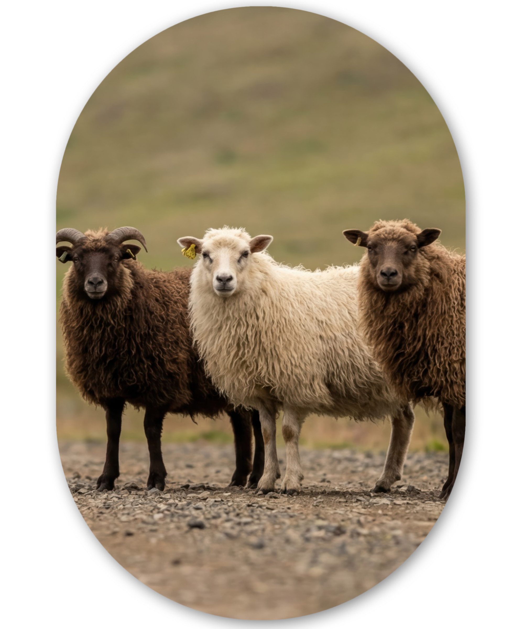 MuchoWow Gemälde Schafe - Braun - Weiß - Schotterweg, Fotodruck (1 St), Wandbild Oval, Wohnzimmer oder Schlafzimmer Wanddekoration, 40x60 cm