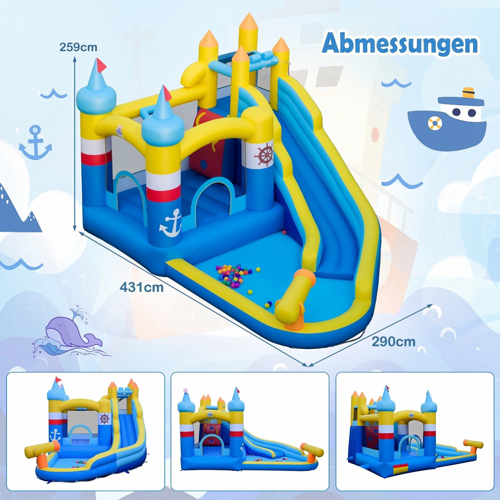 COSTWAY Hüpfburg, (1-tlg), Wasserhüpfburg mit Rutsche, Wasserkanone, Ozeanbällen