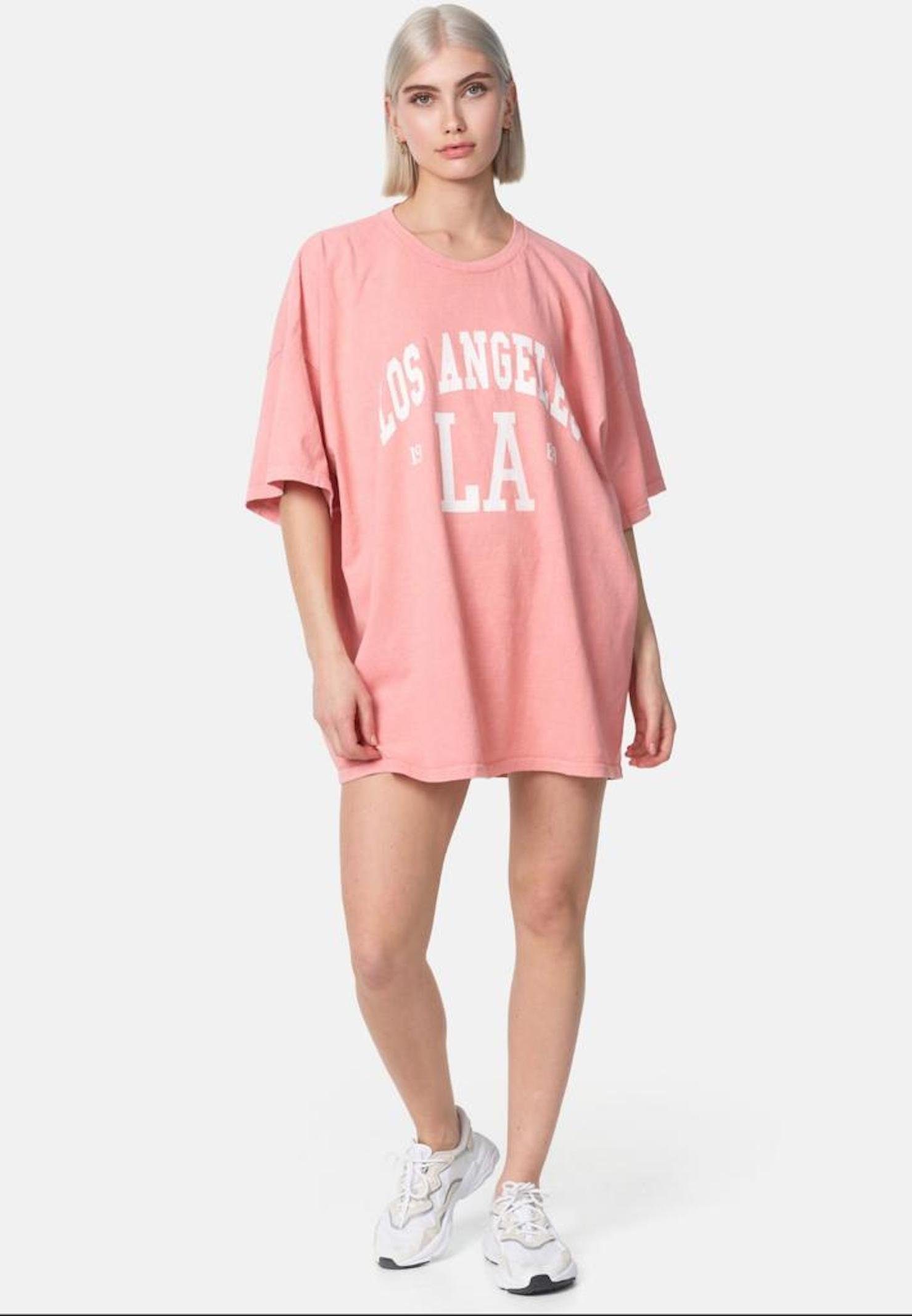 Worldclassca T-Shirt Worldclassca Oversized LA LOS ANGELES Print T-Shirt lang Sommer Tee Apricot
