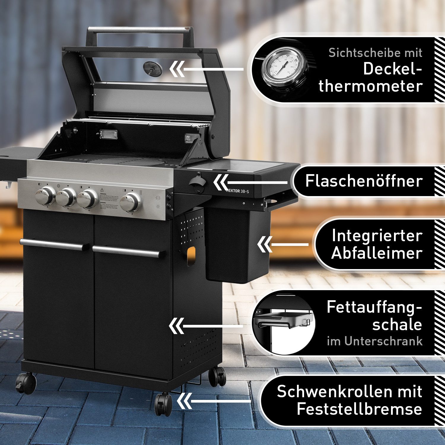 Feuergott Gasgrill FEUERGOTT Gas-Grillstation Hektor 3B-S inkl. Abdeckhaube + Drehspieß