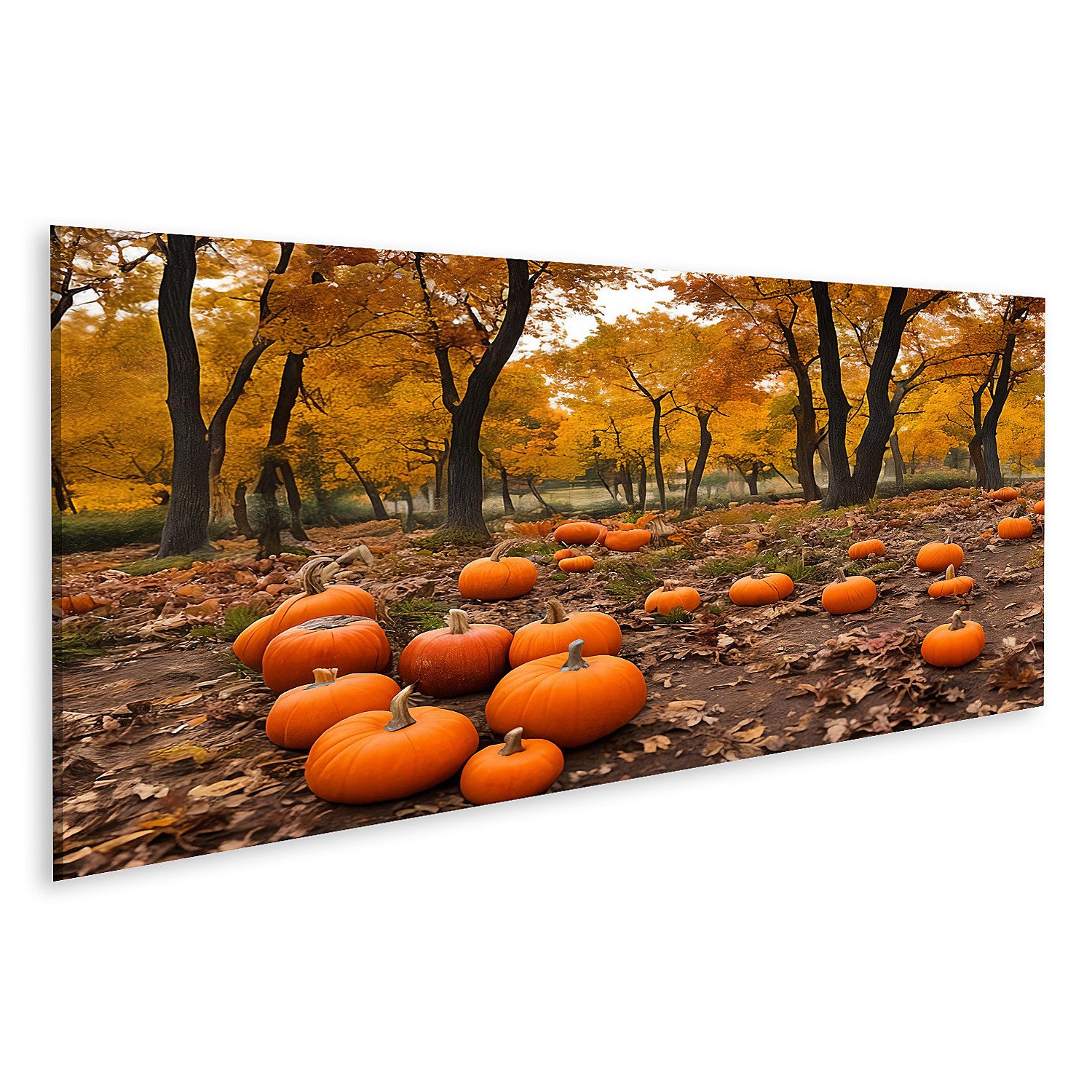 islandburner Leinwandbild Verzauberter Novemberwald mit leuchtender Halloween-Kürbisernte entfal