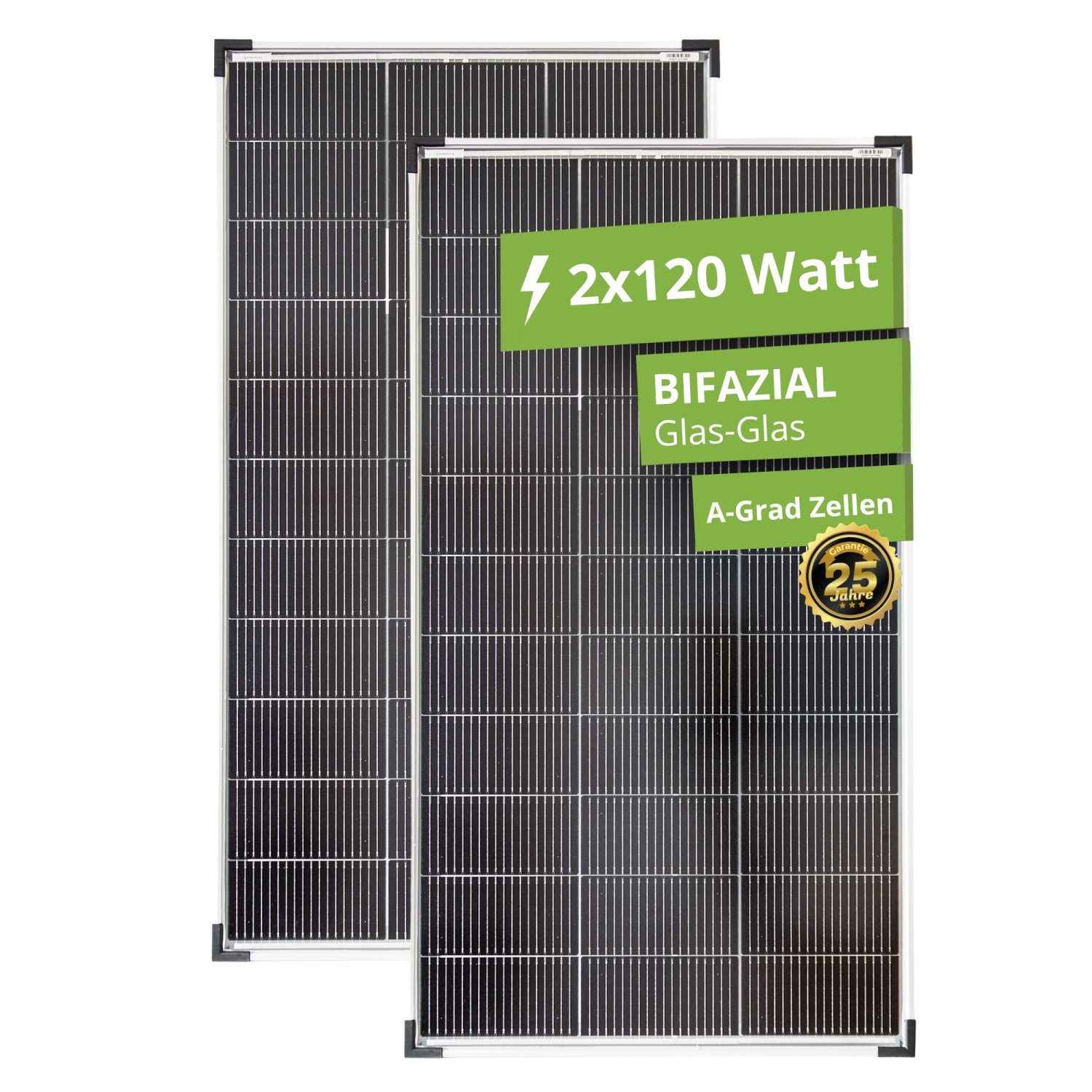 solartronics Solarmodul Monokristallines Solarpanel 2x 120W 18V Bifazial, Monokristallin, (2 Stück Solarpanel 120W Monokristallin)