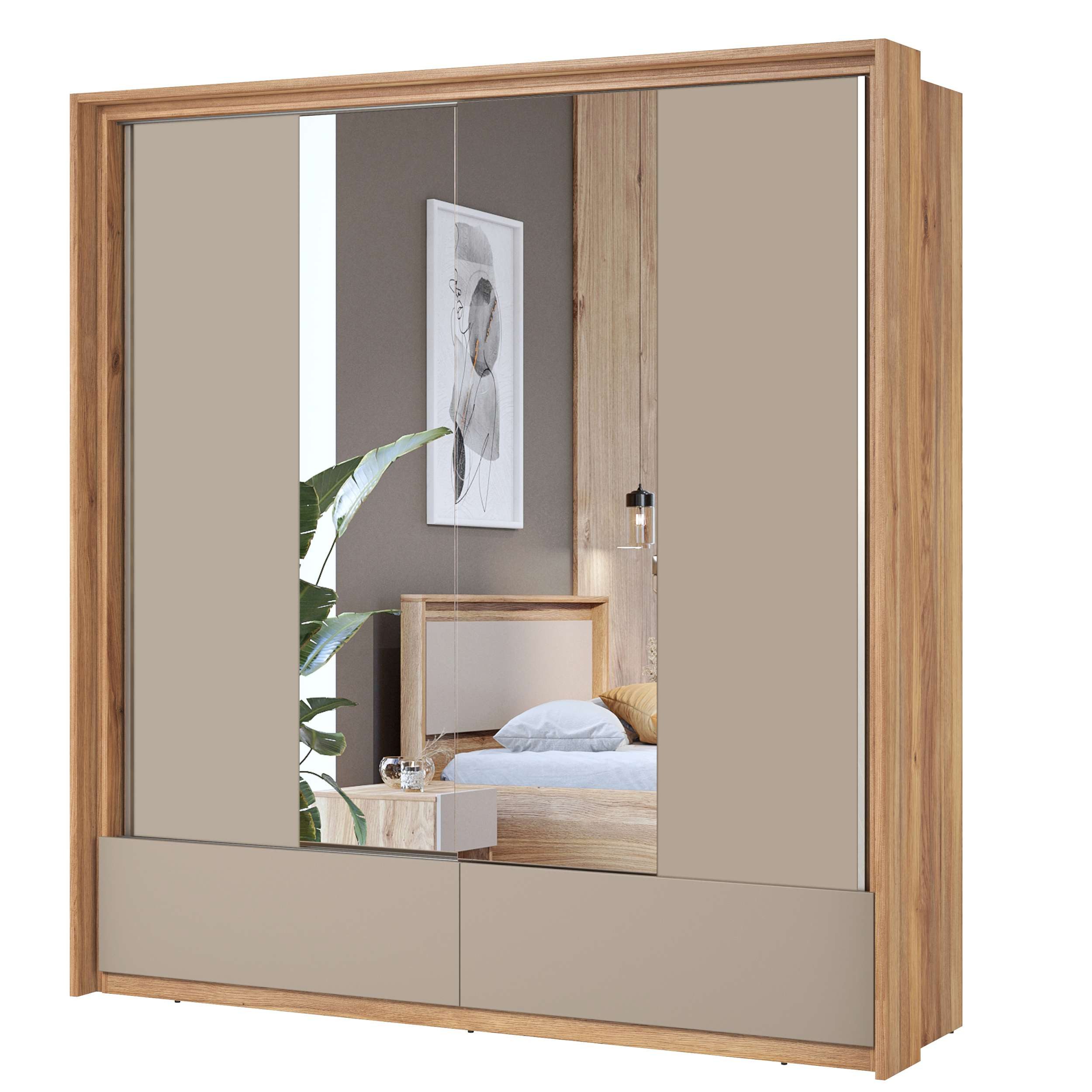 99rooms Schwebetürenschrank Pressi (Kleiderschrank, Schrank) mit 2 Schubladen, 5 Fächer, 4 Einlegeböden, Kleiderstange
