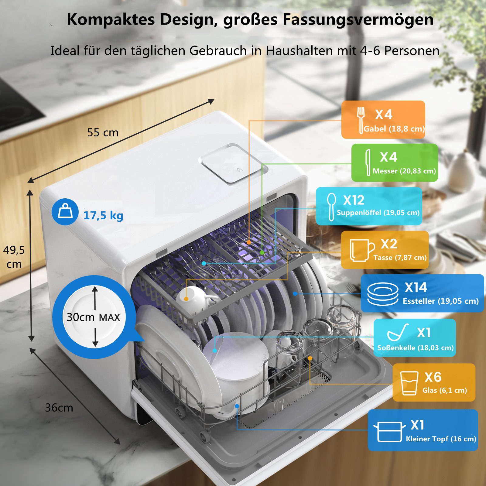 BLiTZWOLF Tischgeschirrspüler Spülmaschine 8 Modi 3 Sprüharme BH-6-CDW, 5.2 l, 6 Maßgedecke, 75℃ Hochtemperatur & Lufttrocknung Tischgeschirrspüler