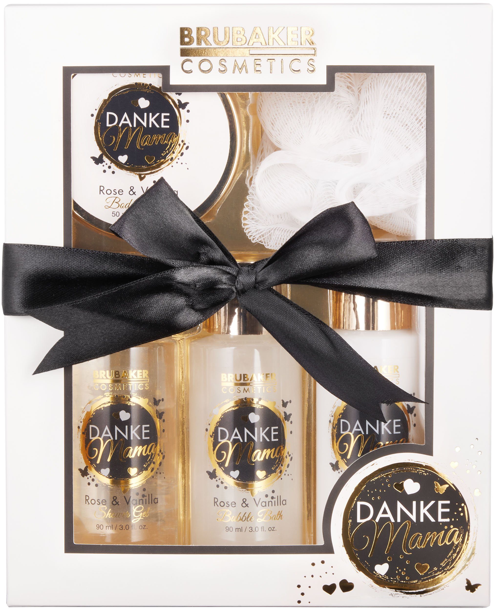 Pflege-Geschenkset Schwamm Rosen mit Gold Weiß BRUBAKER Dusch- mit Duft, Peeling und Geschenkset - Vanille Mutter Pflegeset Danke Mama 5-tlg., Badeset -