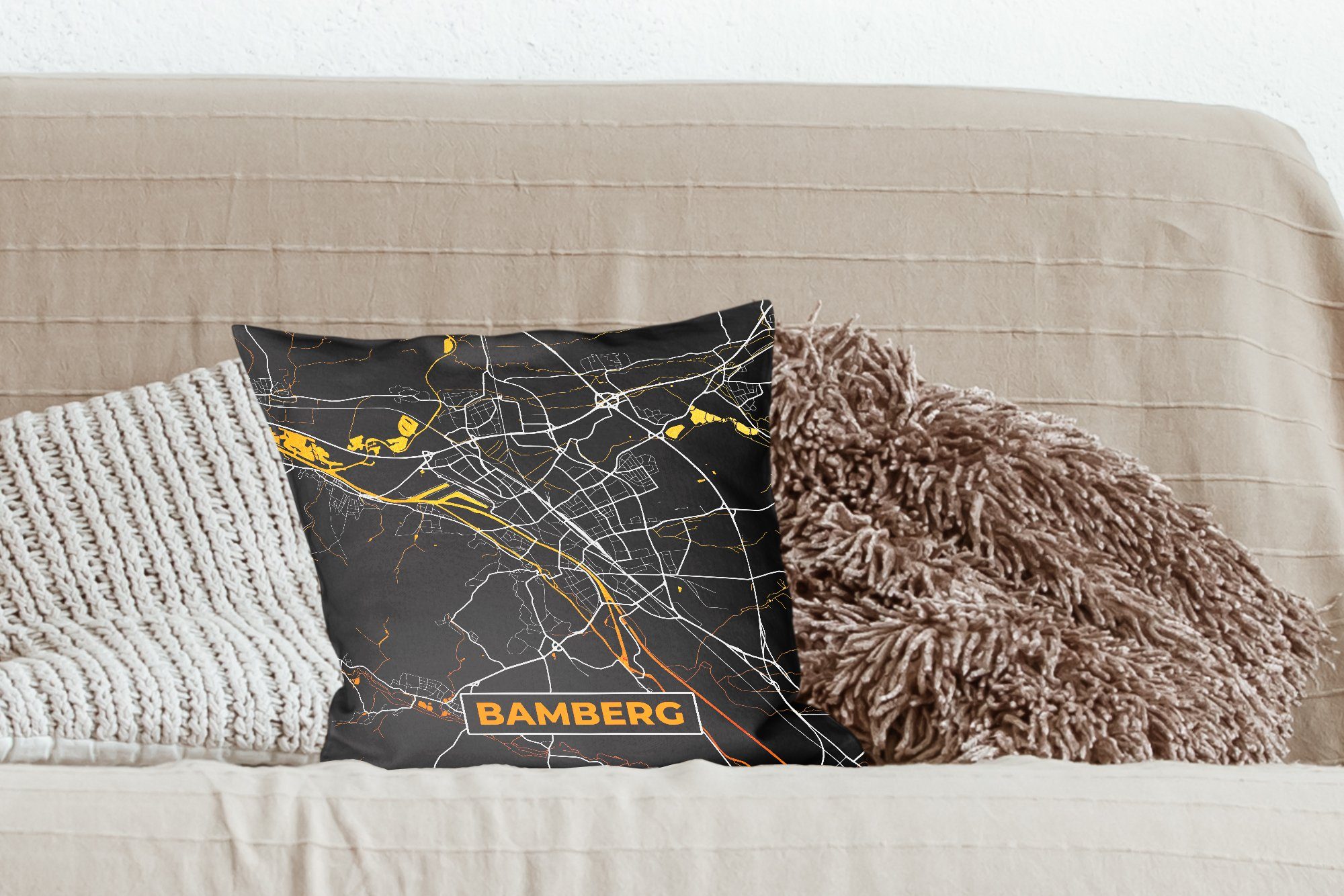 Zierkissen - Sofakissen Füllung - Stadtplan Deutschland, für Bamberg Schlafzimmer, mit MuchoWow - Karte Deko, - Gold Dekokissen Wohzimmer,