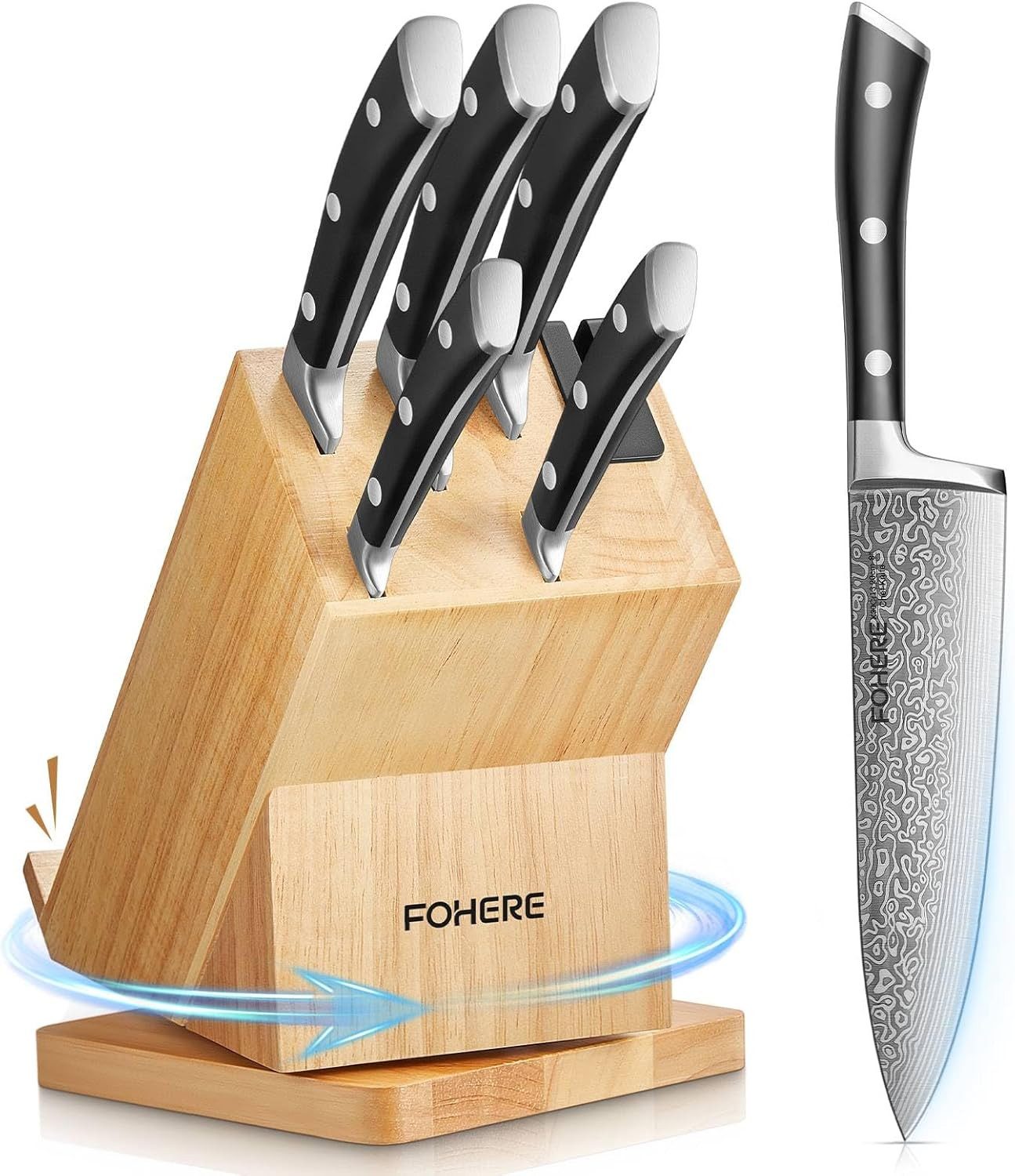 FOHERE Messer-Set 6-teiliges Küchenmesserset mit 360° drehbarem Block (Set, 6-tlg), mit dreifach vernietetem und ergonomischem Griff