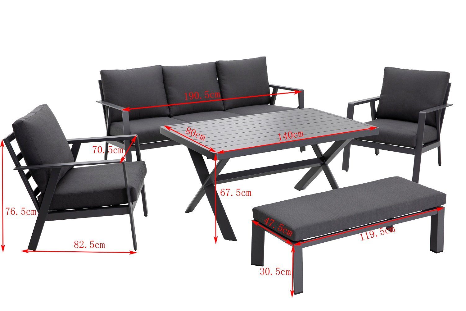 Gardissimo Gartenlounge-Set Merida Lounge / Gartenmöbelset, (Set, 5-tlg., Alu, Tisch, 2 Sessel, Loungebank, inkl. Auflagen), UV-beständig
