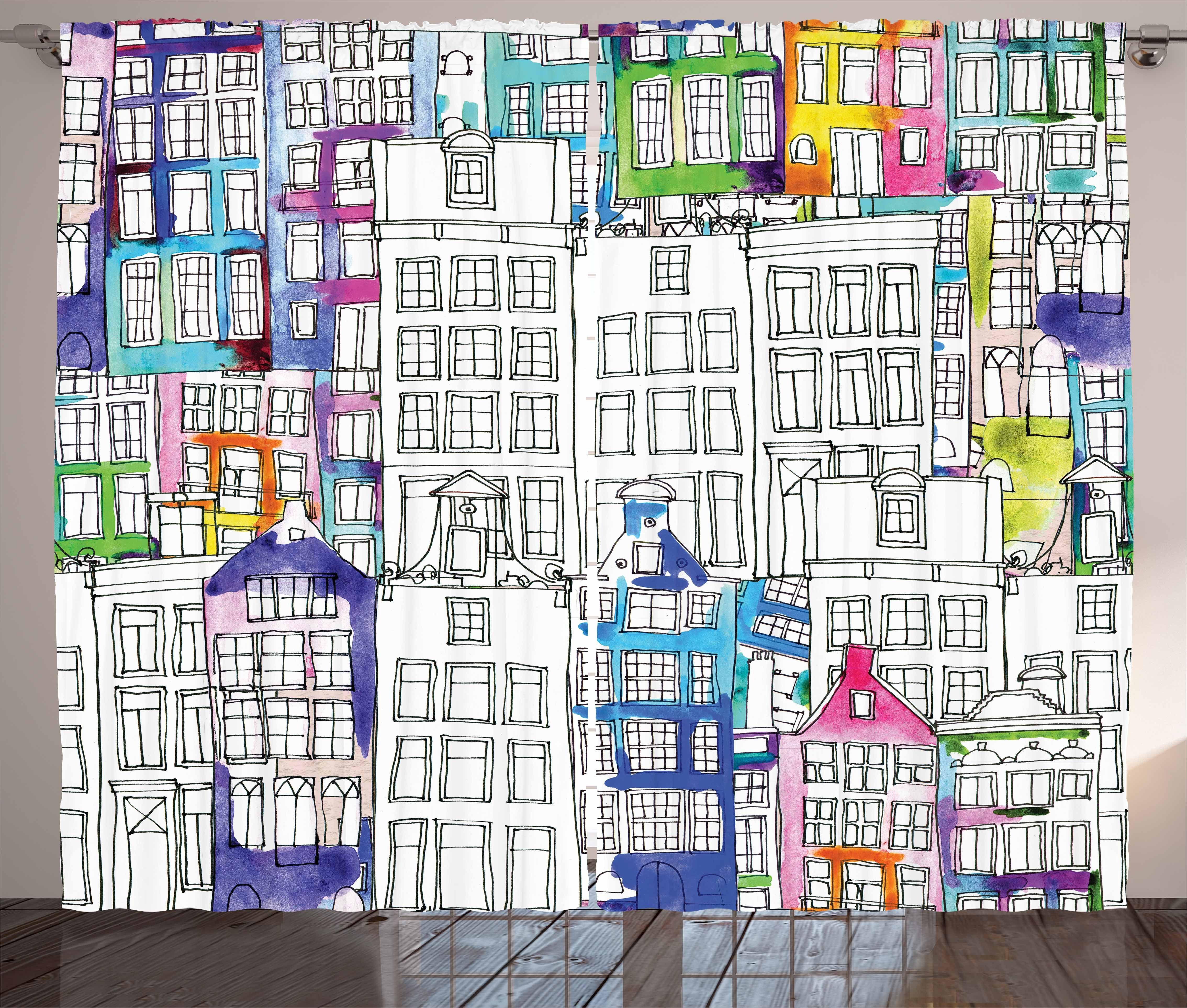 Gardine Schlafzimmer Kräuselband Vorhang mit Schlaufen und Haken, Abakuhaus, Amsterdam Aquarell-Skizze Häuser