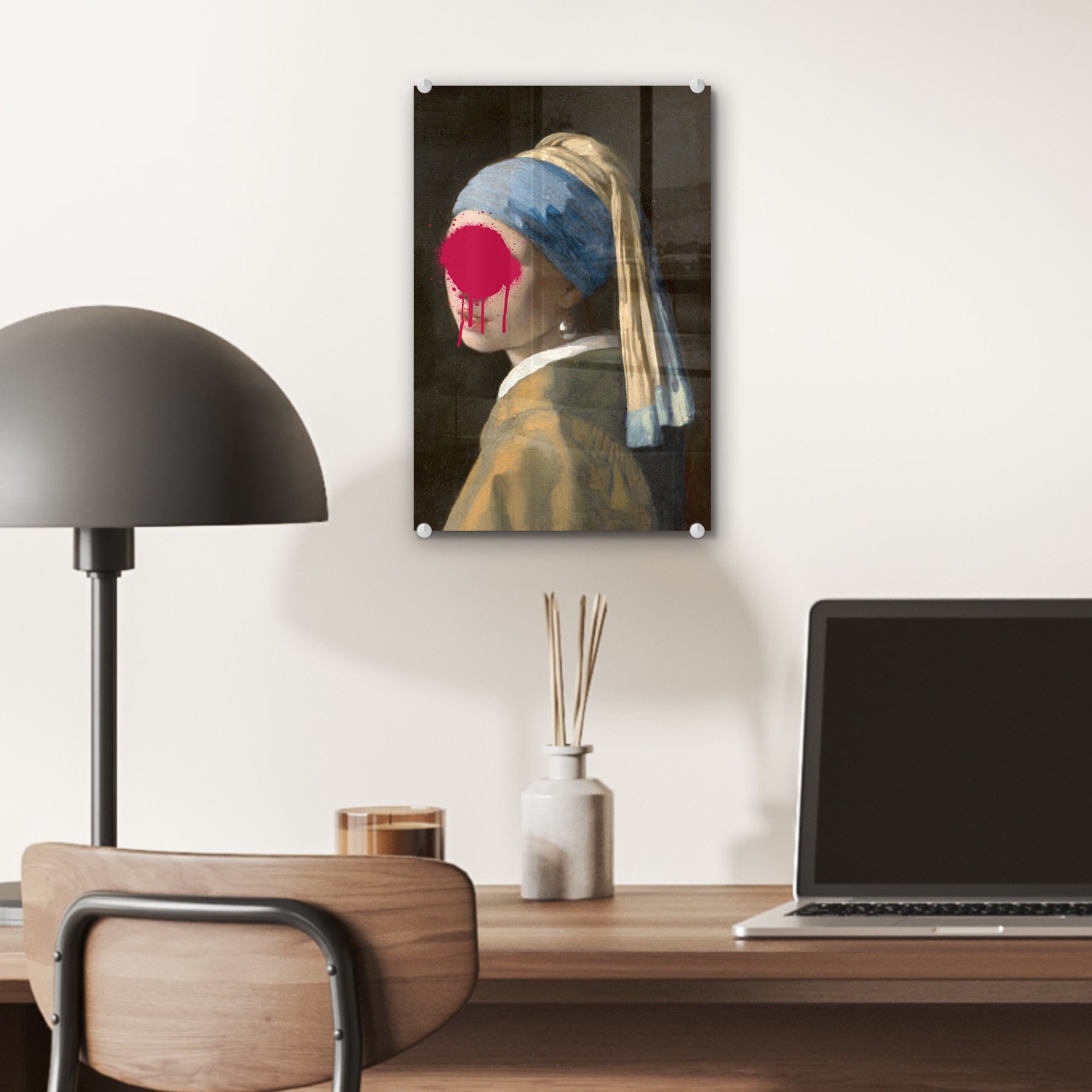 - Perlenohrring Vermeer auf (1 Glas Glasbilder - Das Wandbild Bilder Johannes Acrylglasbild dem bunt Rosa, MuchoWow mit St), Glas auf - - Wanddekoration Mädchen - Foto