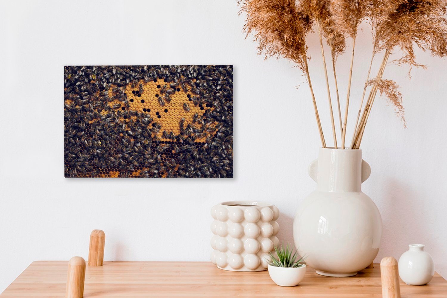 OneMillionCanvasses® Leinwandbild Bienen St), Leinwandbilder, cm 30x20 Aufhängefertig, (1 auf Wandbild Honigwabe, einer Wanddeko