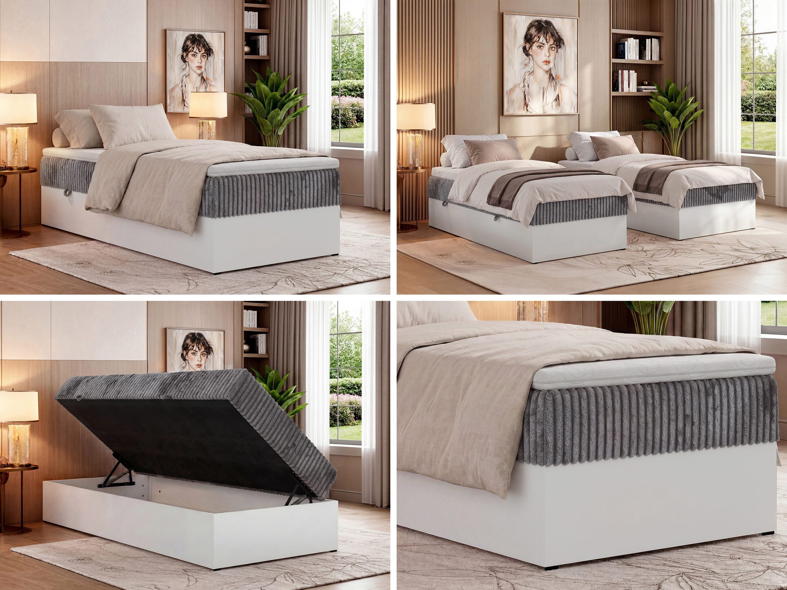 MKS MÖBEL Boxspringbett TRAVIT ZERO 90 (Set, Bett, Polsterbett mit integrierten Matratzen, Bettkasten, H3/H4 Topper), Topper T25 oder Visco optional, ohne Kopfteil, 90x200 cm