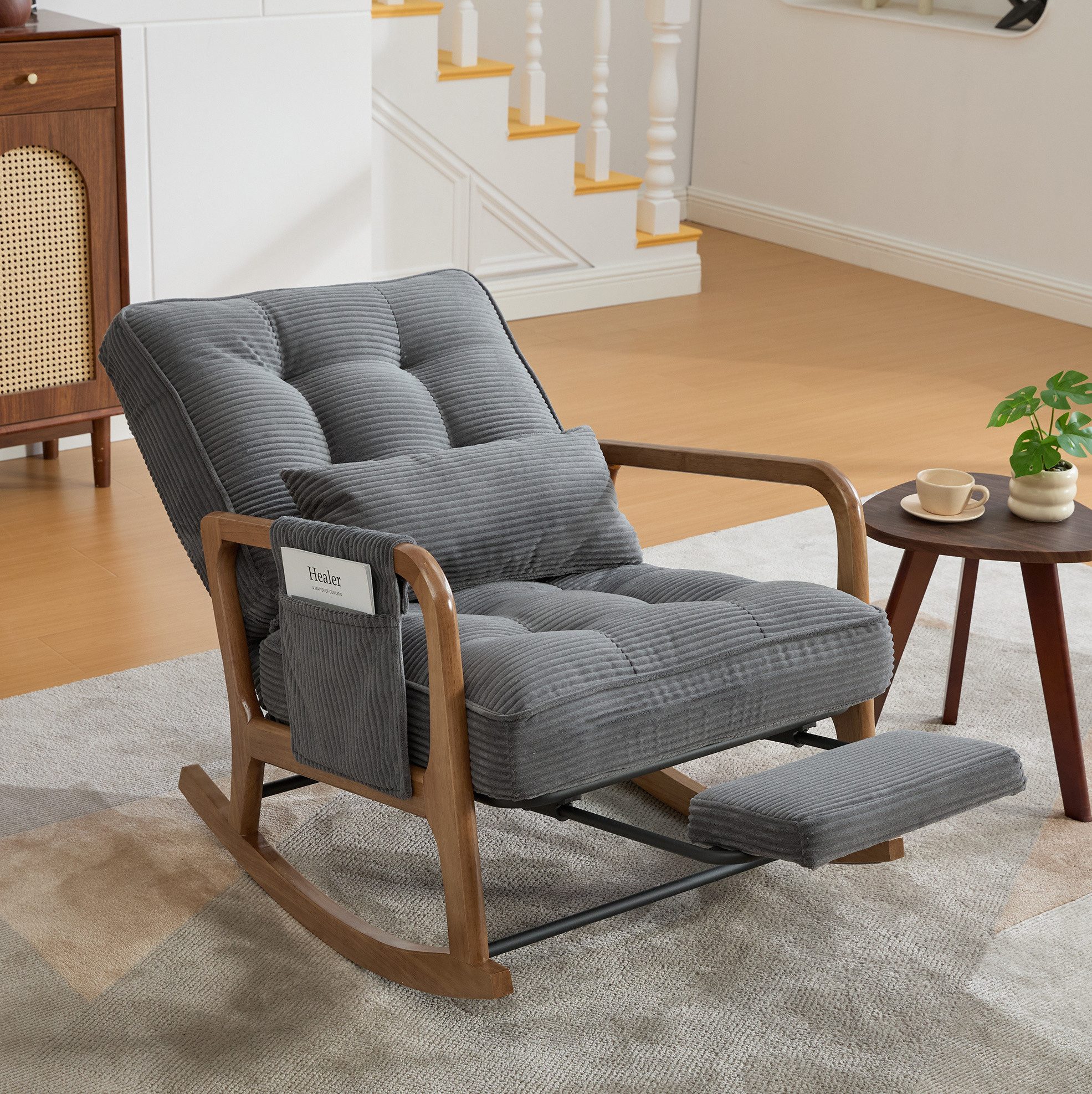 OKWISH Loungesessel Schaukelstuhl (mit verstellbarer Lehne, Fußstütze und praktischen Seitentaschen), Relaxsessel Polstersessel