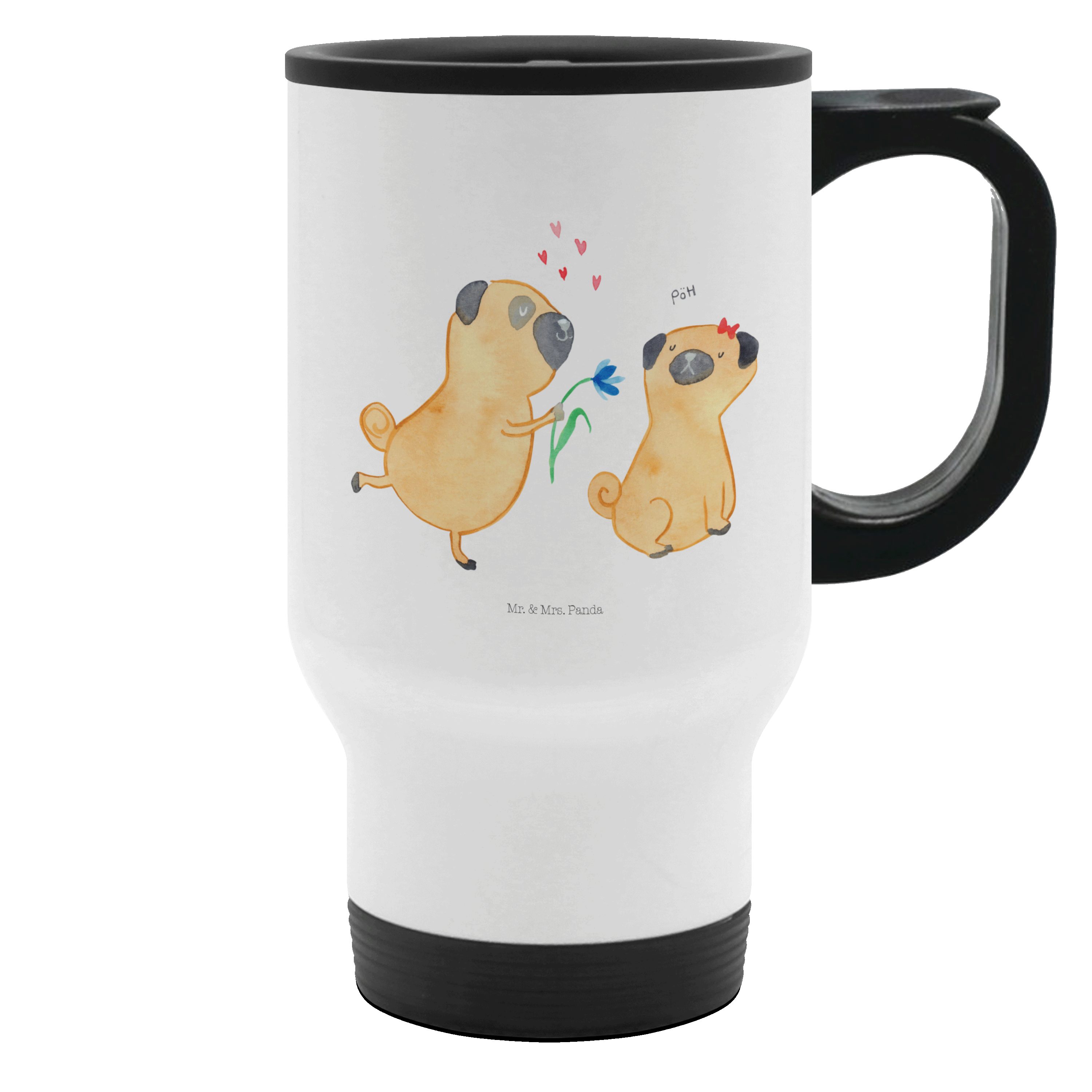 Mr. & Mrs. Panda Thermobecher Mops Verliebt, Isolierbecher, Weiß, Thermobecher To Go, Hund, Becher, Edelstahl, Thermotrinkbecher Thermobecher Für Kaffee Thermobecher Für