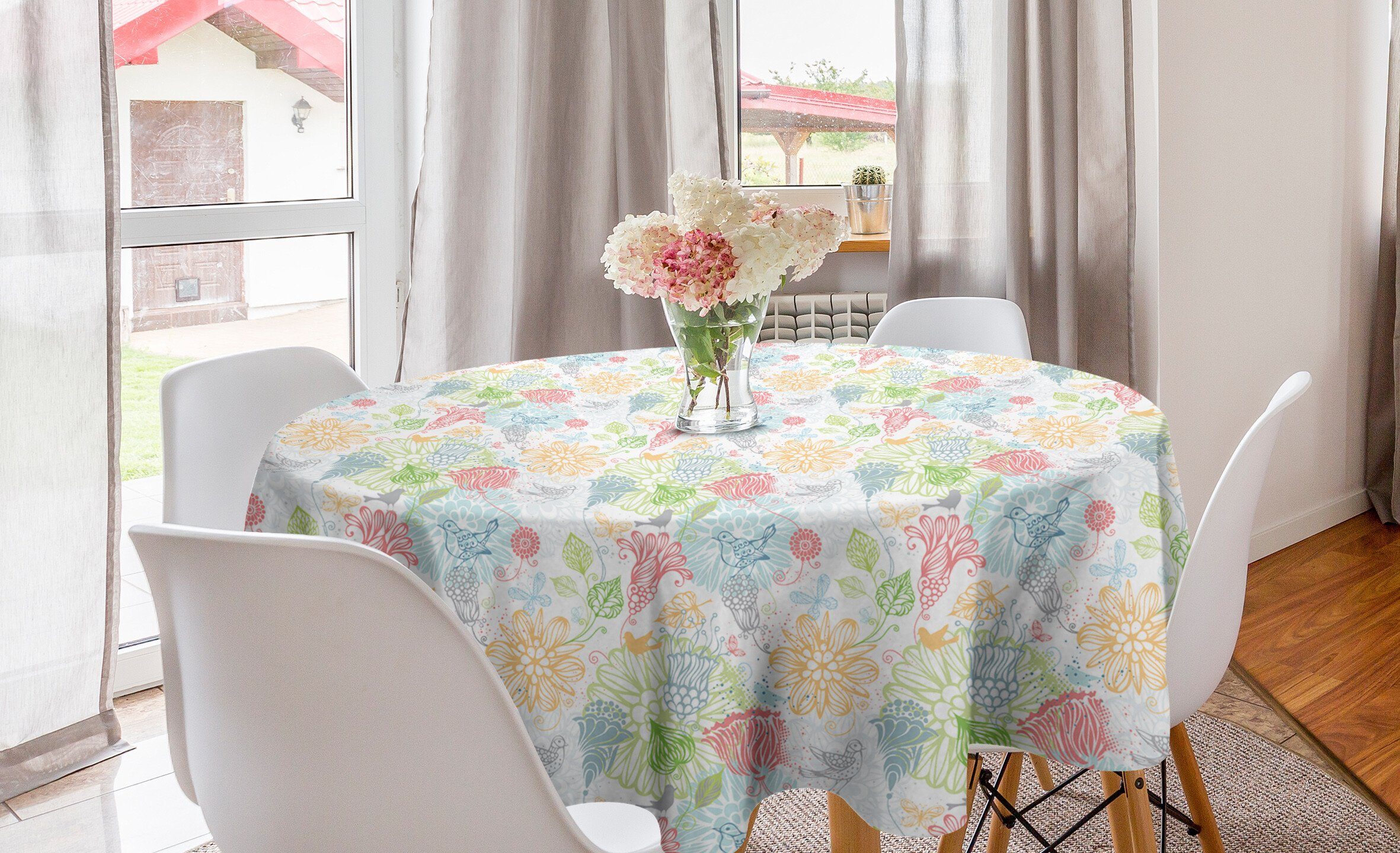 Vögel Kreis Küche Esszimmer Abdeckung Tischdecke für Dekoration, Tischdecke Frühling Damast-Muster Abakuhaus