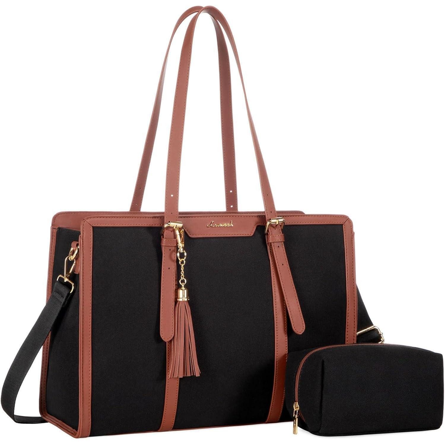 LuxusKollektion Laptoptasche Tote Bag Damen Laptop Canvas Shopper 15.6 zoll Schwarz Braun