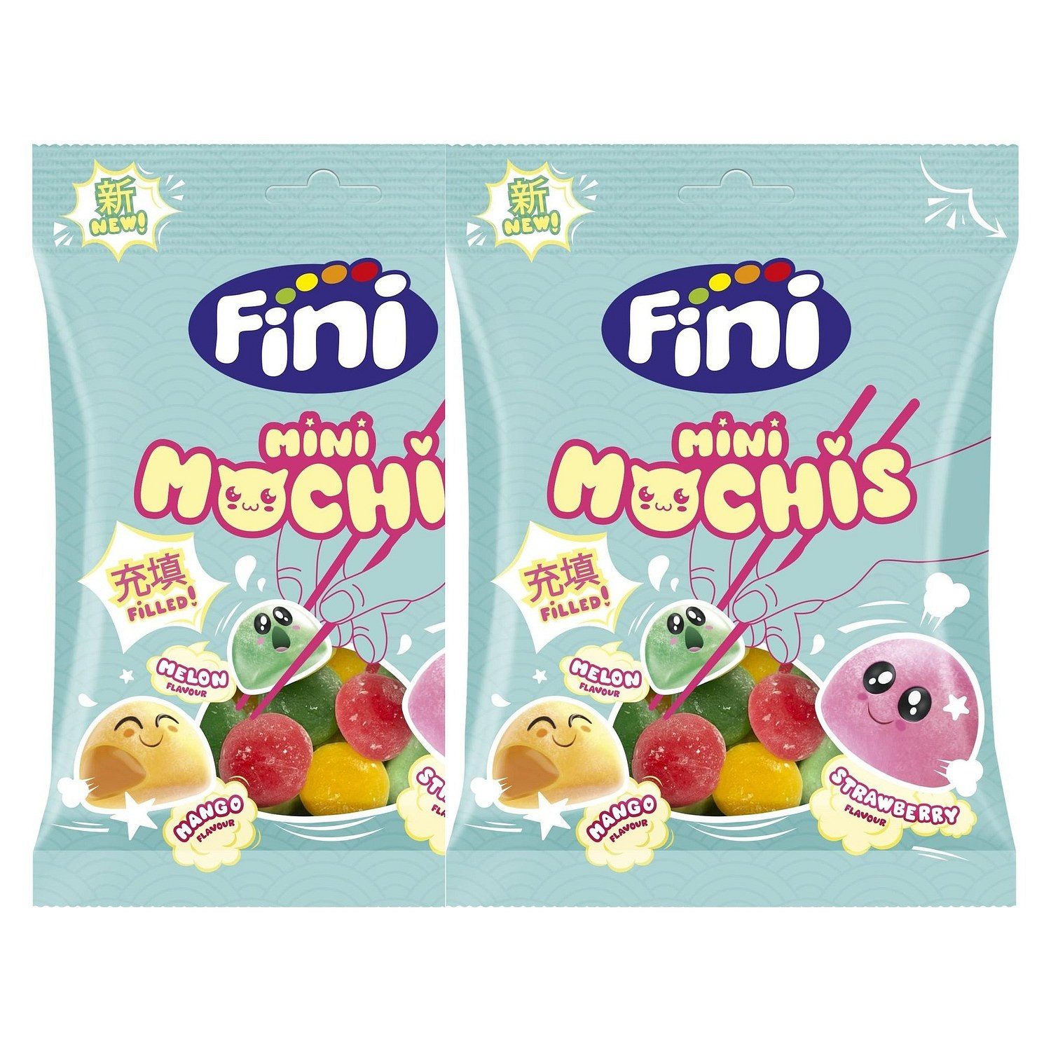 Fini Süßigkeit, 2 x 90 g, Mini Mochis – Erdbeere, Mango & Melone