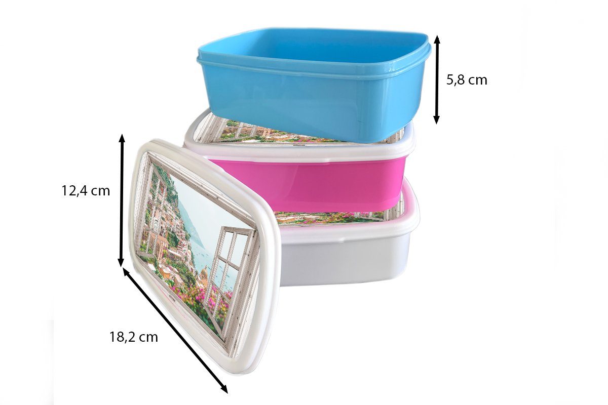 Brotbox rosa Mädchen, Snackbox, Küste - - - Ausblick Blumen - - Erwachsene, - Italien Meer für (2-tlg), Kunststoff, Stadt Brotdose Kinder, Kunststoff Berge, Lunchbox MuchoWow
