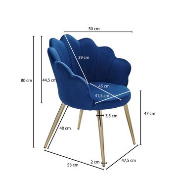 Lomadox Küchenstuhl, Schalenstuhl Esszimmerstuhl Tulpe blau samt, B/H/T ca. 47,5/80/53cm