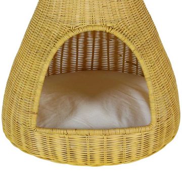 Casa Moro Katzenzelt Rattan Katzenhaus TIPI mit Kissen 40x62 cm, aus Naturrattan handgeflochtene Katzenhöhle mit Polsterkissen