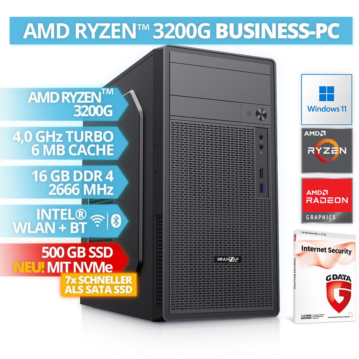 BRAINZAP Office/Home/Desktop PC Business-PC (AMD Ryzen 3 3200G, 16 GB RAM, 500 GB SSD, Luftkühlung, NVMe SSD, Windows 11, G DATA Internet Security, TPM 2.0, SecureBoot)