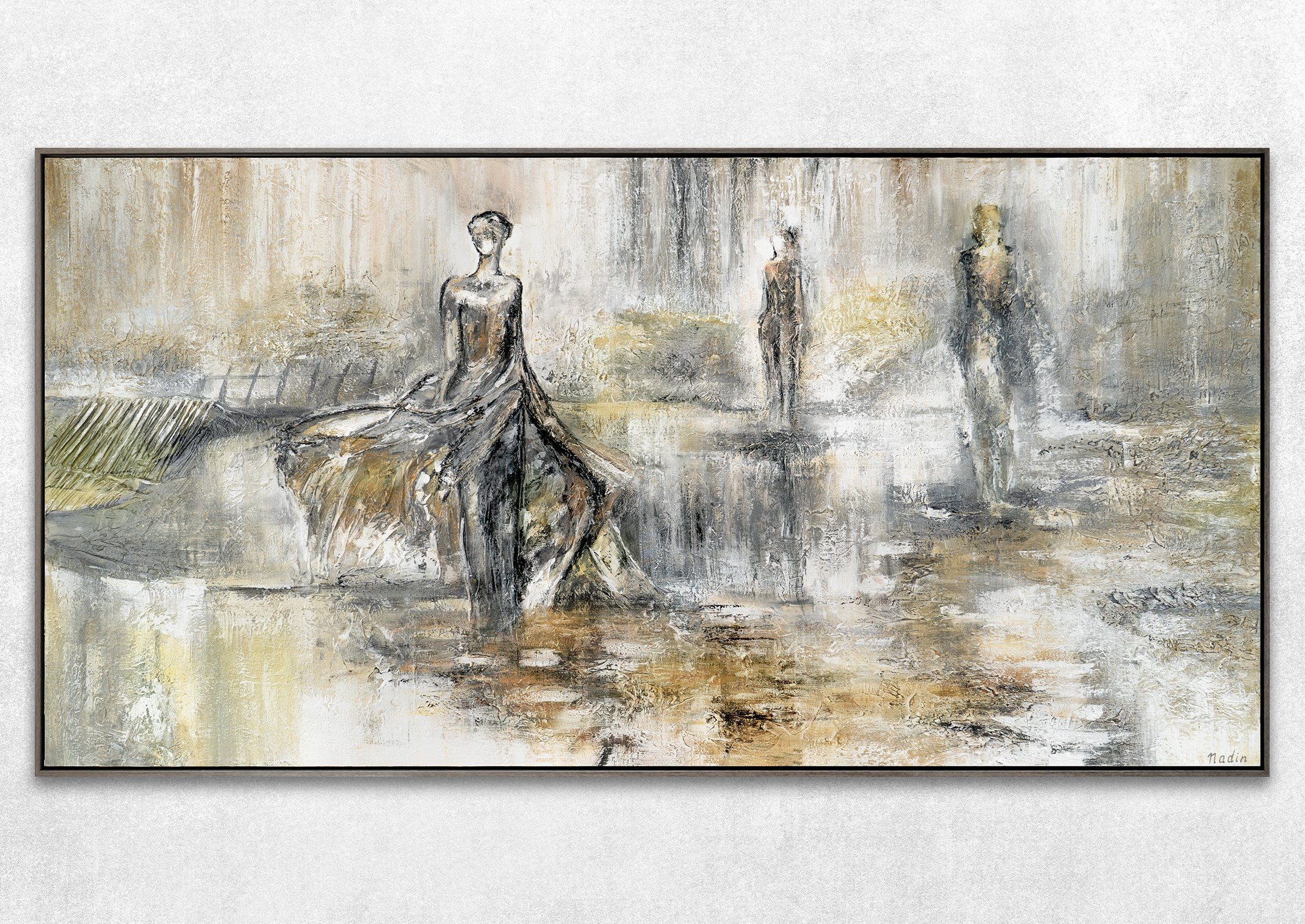 Kleid Rahmen Modenschau, Handgemalt Bild Braun Frauen Mit Abstrakt Menschen, Leinwand im Grau YS-Art Gemälde in