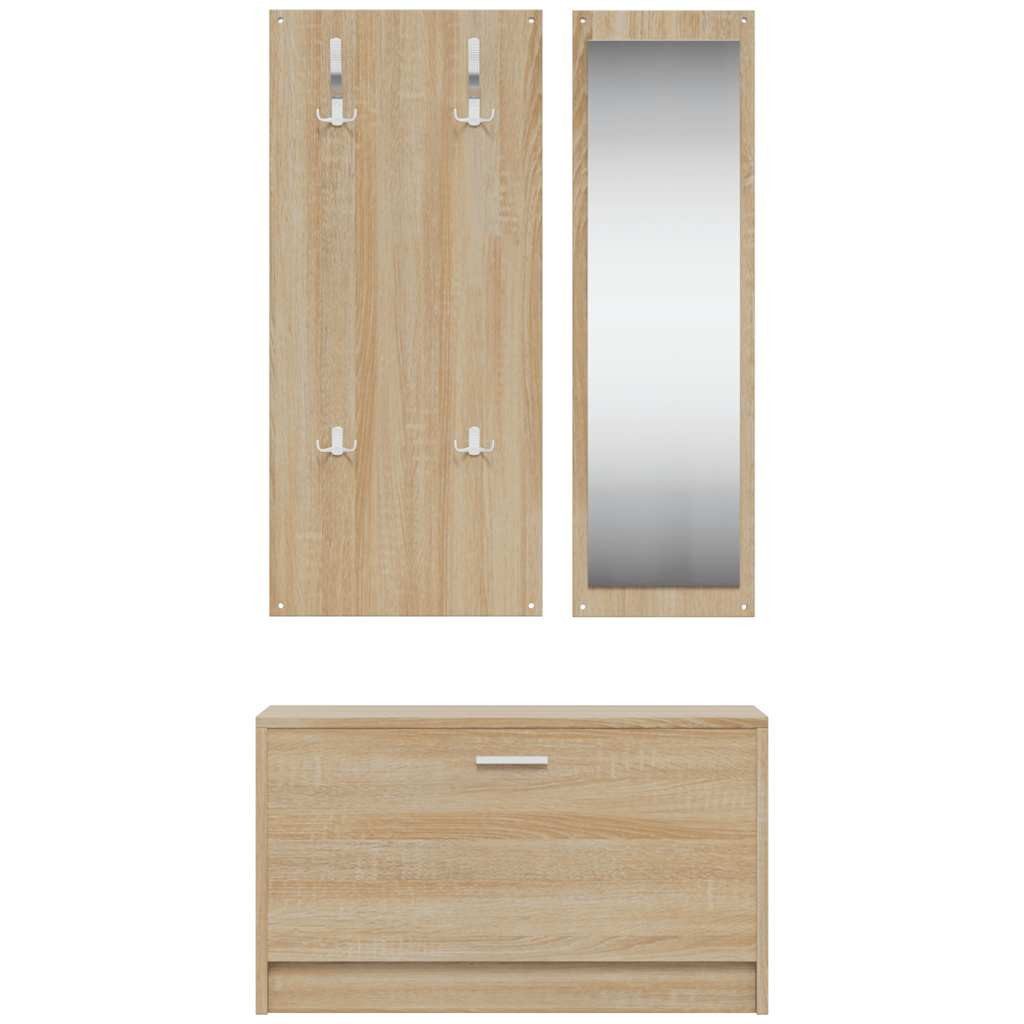 furnicato Garderoben-Set Schuhschrank-Set 80x27x46,5cm Sonoma-Eiche, (1-St), Flurmöbel-Set mit 4 Kleiderhaken und großem Wandspiegel für den Flur – Bild 4 von 5