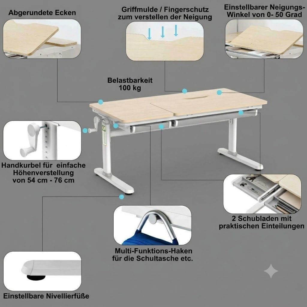 HOKO Kinderschreibtisch höhenverstellbar für Kinderzimmer (Schreibtisch für Kinder ab 6 Jahren, mit 80x40 cm neigbarer Tischplatte, 2 Schubladen, Verstellbar 54-76cm), 120x60 cm Arbeitsfläche, 100 kg Belastbarkeit, Holzoptik, CELIN