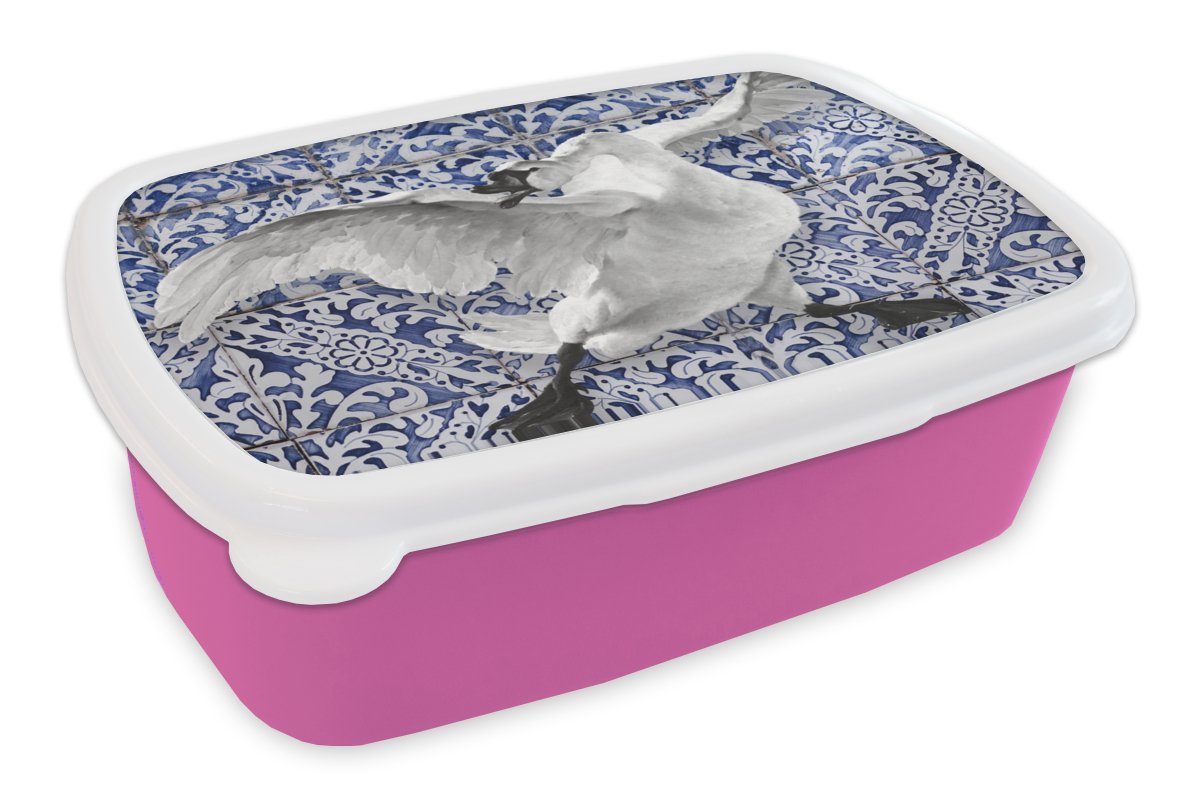 MuchoWow Lunchbox Schwan - Kunst - Delfter Blau - Malerei - Alte Meister, Kunststoff, (2-tlg), Brotbox für Erwachsene, Brotdose Kinder, Snackbox, Mädchen, Kunststoff rosa
