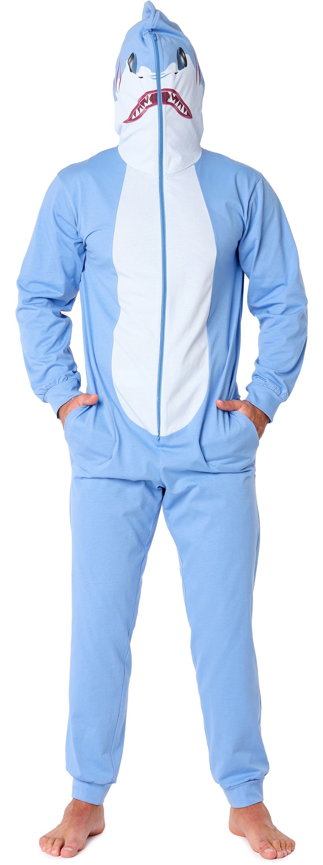 Ladeheid Schlafanzug Herren Schlafoverall aus Baumwolle Jumpsuit mit Kapuze LA40-235 ohne Blau Hai