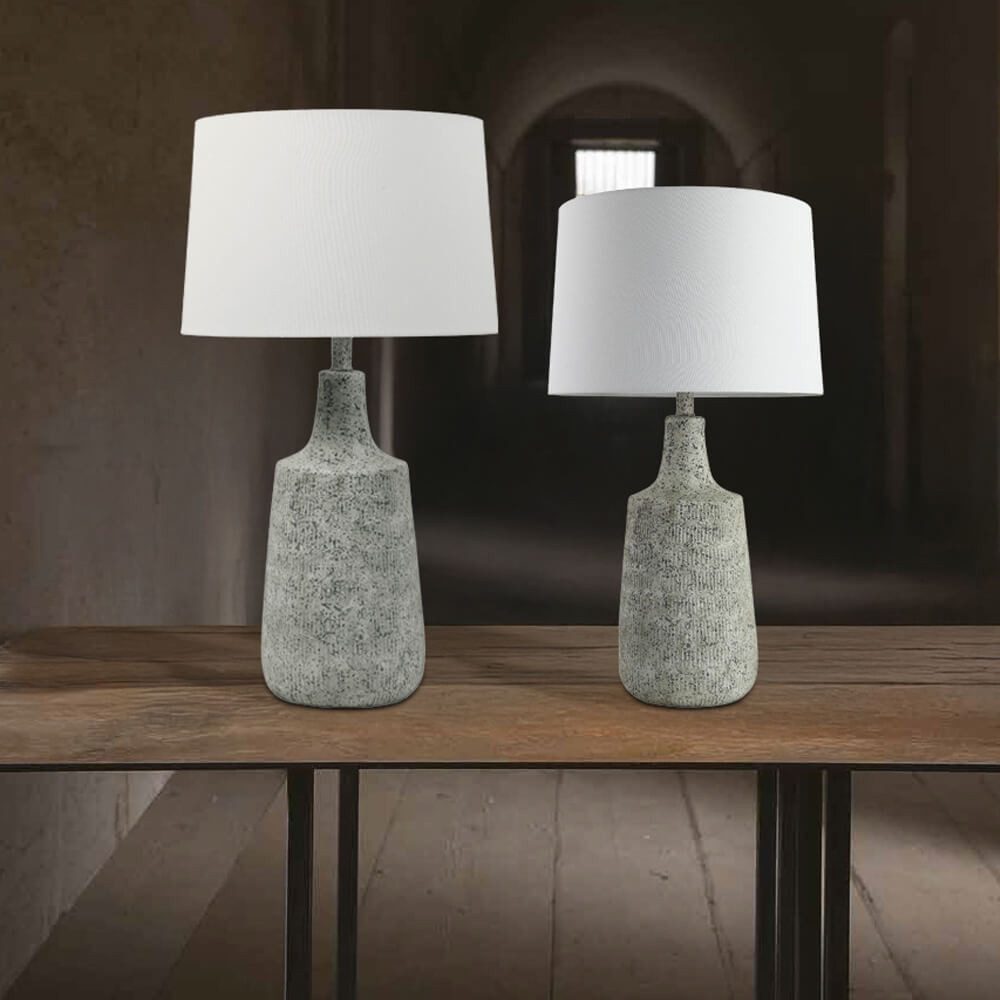 HOME DELUXE Tischleuchte CARO in Steinoptik, Weißer Stoffschirm, Wohnzimmerlampe, Schreibtischlampe