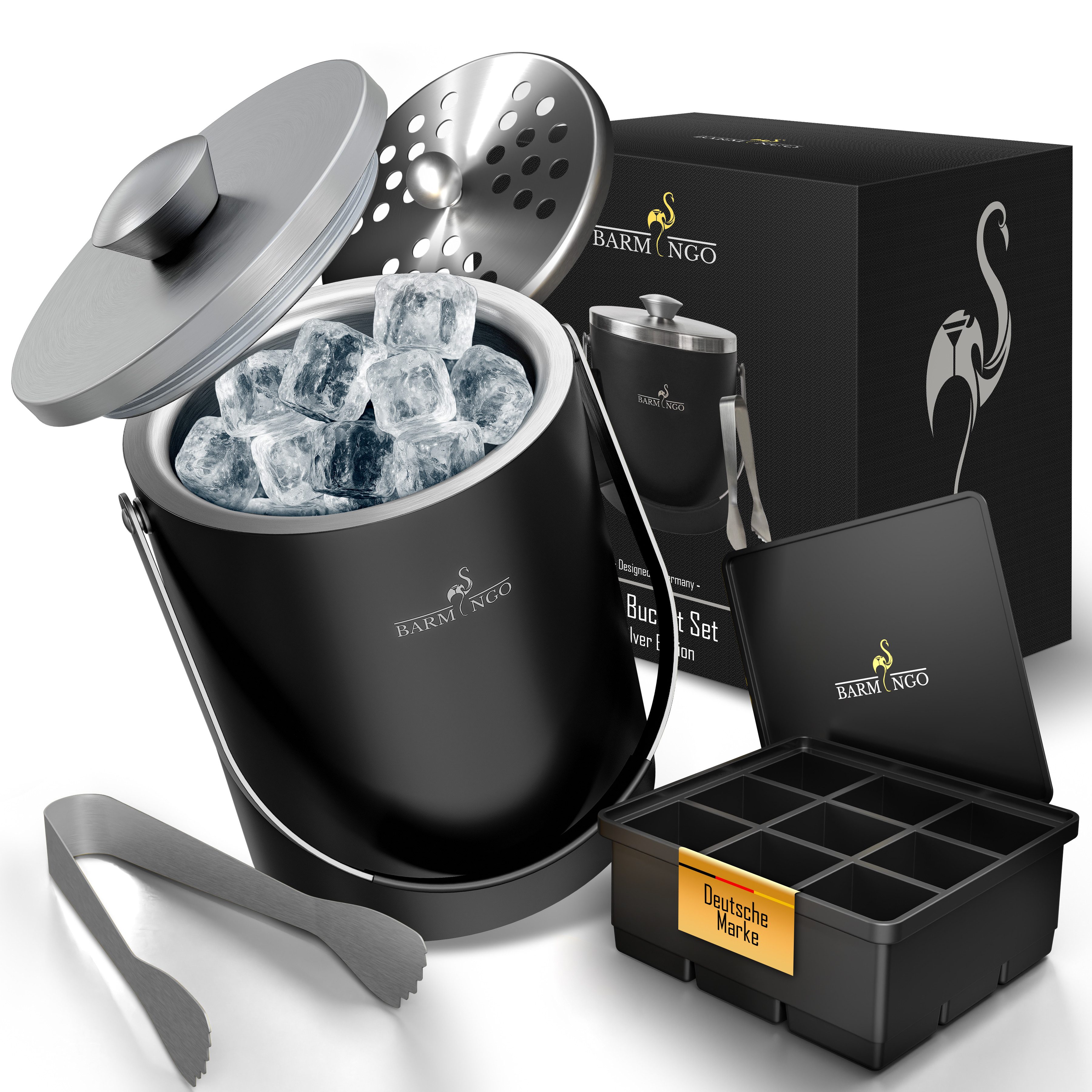 BARMINGO Контейнери для кубиків льоду mit Кришки (2 Liter), Edelstahl Eiskübel, (Eisbehälter Set, 3-tlg., mit Sieb, XXL Silikon Eiswürfelform & Zange), Eiseimer doppelwandig, isoliert, BPA-frei, Silikondeckel