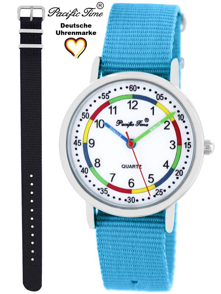 und Gratis Quarzuhr Time und Match Versand First Set Lernuhr hellblau - Armbanduhr Kinder Mix Design Pacific schwarz Wechselarmband,