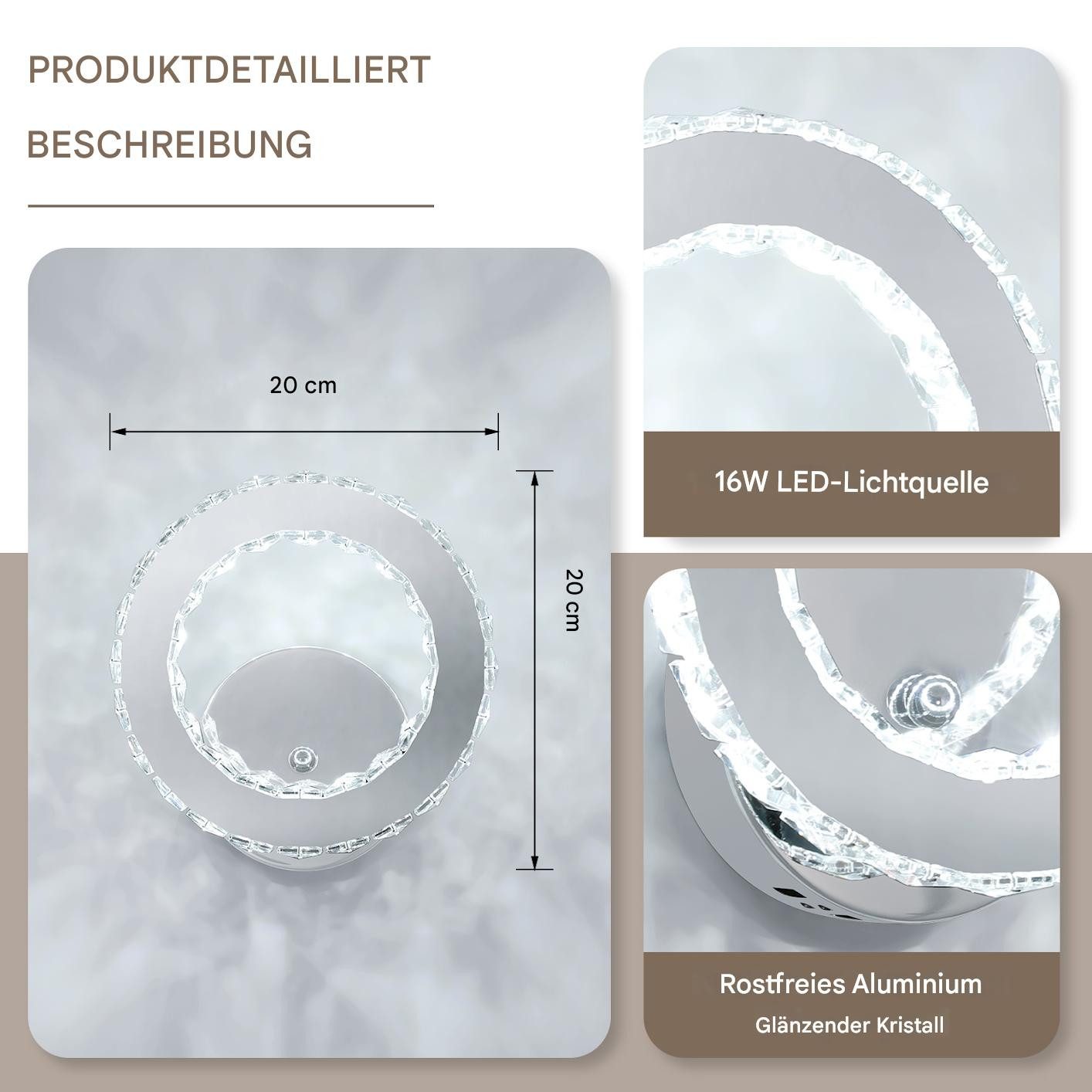 Riserva Wandleuchte Kristall Wandleuchte,rund,16W,6500K,schlichter Stil günstig online kaufen