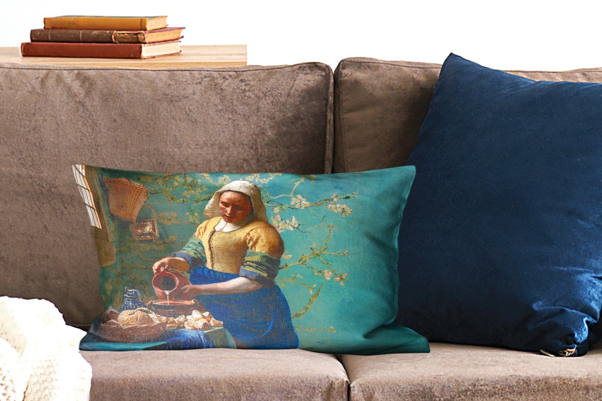 Dekoration, Füllung, Schlafzimmer Van Alte, MuchoWow Milchmädchen Gogh Vermeer Gemälde - Mandelblüte Dekokissen Dekokissen Zierkissen, - - mit Wohzimmer - -