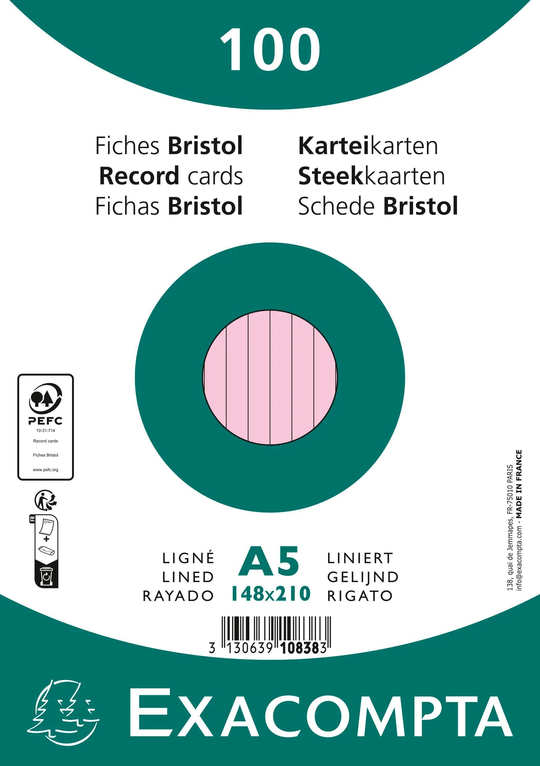 EXACOMPTA Karteikarten 10x Karteikarten A5 liniert, 100 Stück eingeschweißt - Rosa - 10838SE, Karteikarten liniert