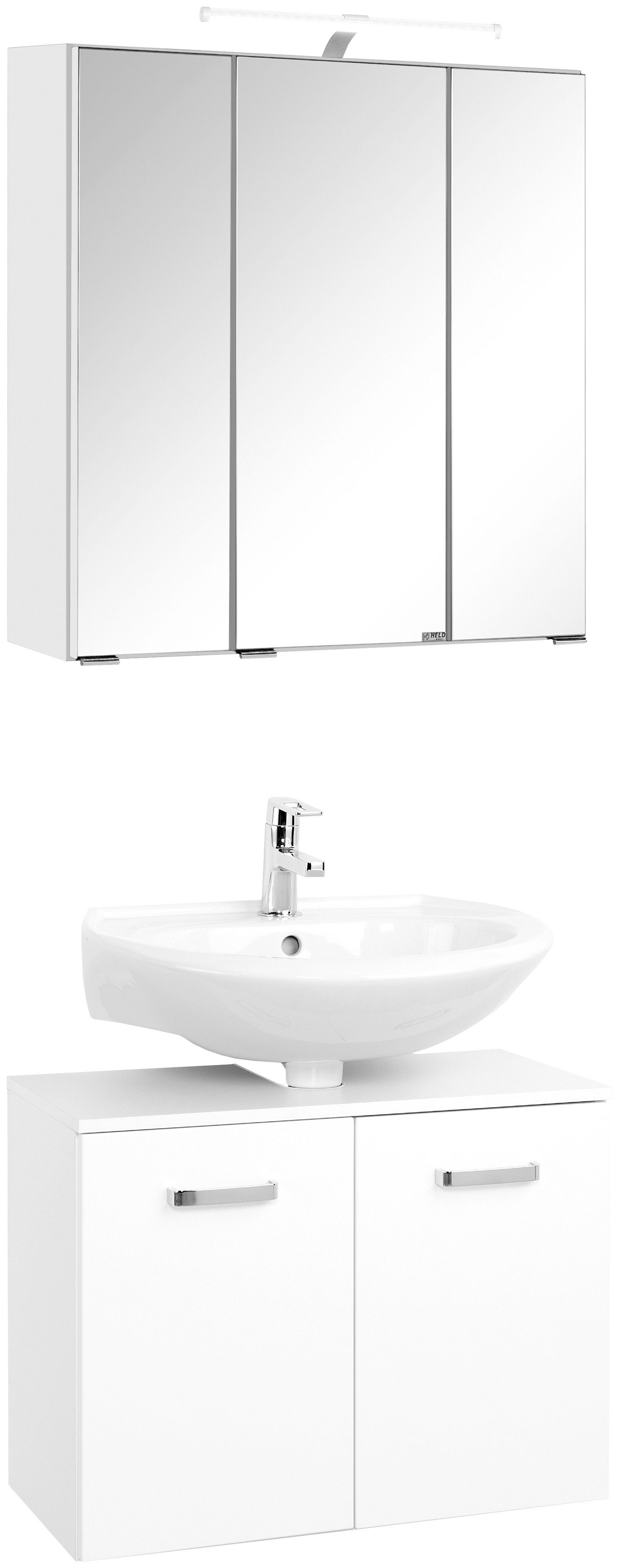 HELD MÖBEL Badmöbel-Set Dorina, (2-St), besteht aus Unterbeckenschrank und  Spiegelschrank, Breite 70 cm, bestehend aus Waschbeckenunterschrank und  Spiegelschrank