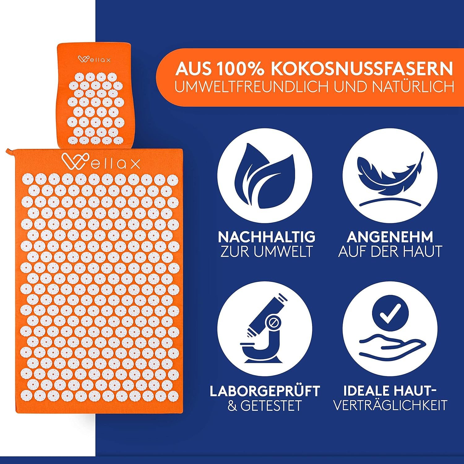 Wellax Akupressurmatte mit Kissen - Gefüllt mit 100% Kokosfaser (Mit Matte, Kissen und Tragetasche), - ideale Hautverträglichkeit, nachhaltig produziert - Orange