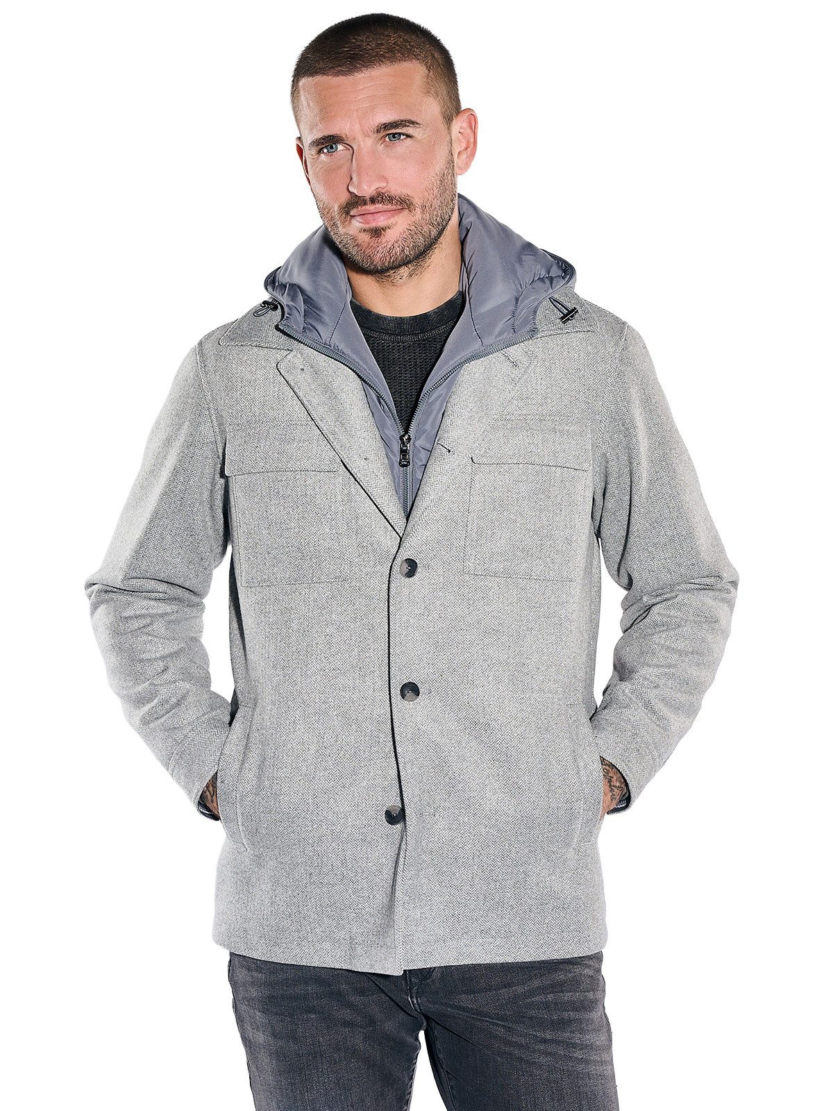 emilio adani Kurzjacke Herren Wolljacke mit abnehmbarer Kapuze, Silbergrau – Bild 4 von 5