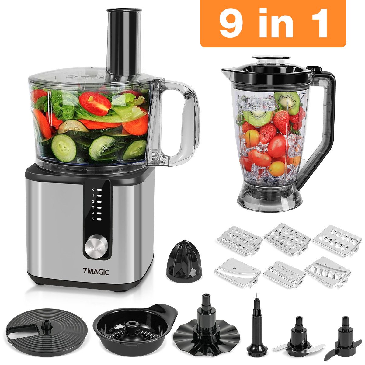 7MAGIC Kompakt-Küchenmaschine Standmixer 9 in 1 Multifunktional Food Chopper, Food Processor, 750 W, inkl. Zerkleinerer, 1,8L mixerbecher und weiteres Schneidzubehör
