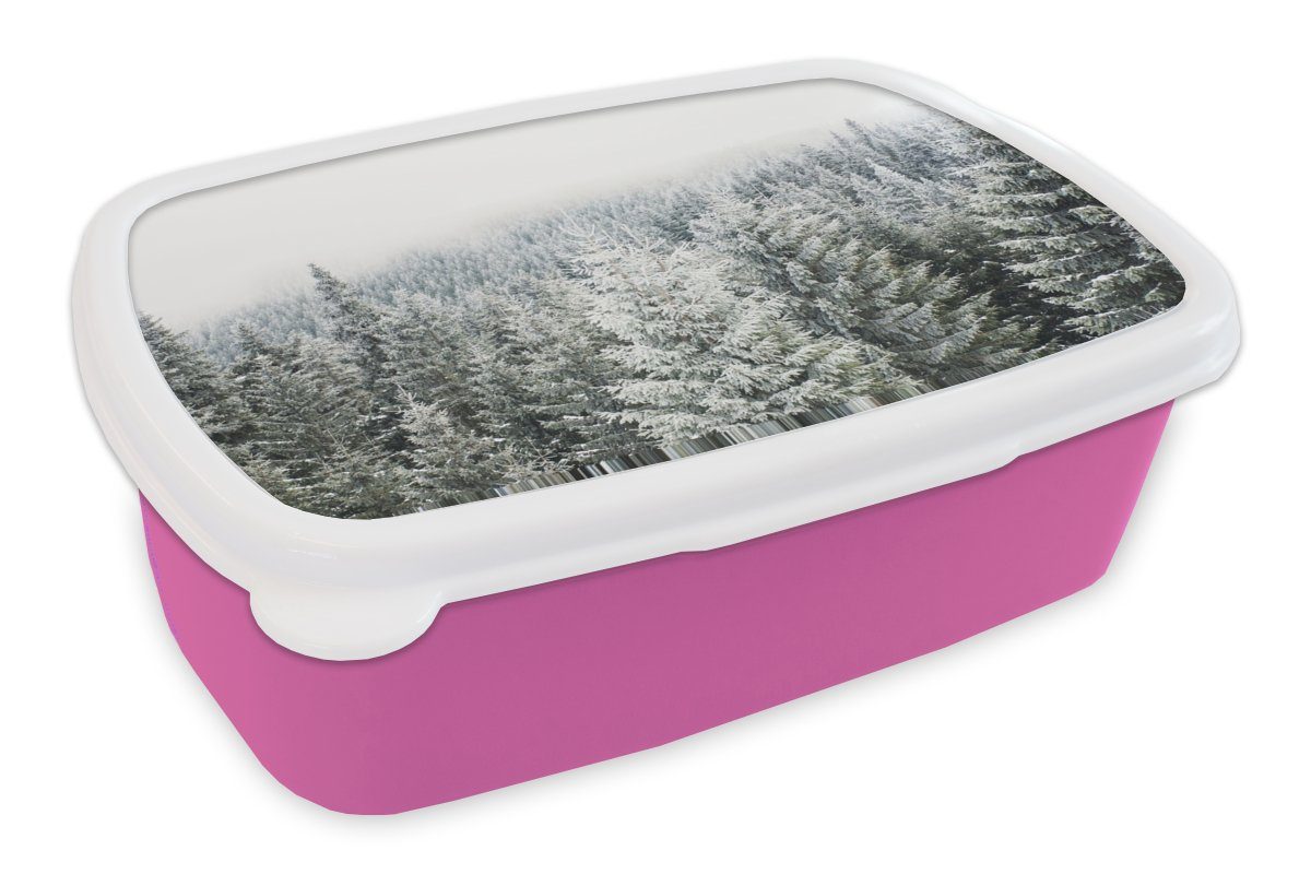 - Snackbox, Kunststoff, MuchoWow Kunststoff (2-tlg), Winter für Lunchbox - Erwachsene, Wald Tannenbaum, Brotdose Mädchen, Jahreszeiten - - rosa Schnee Kinder, Brotbox