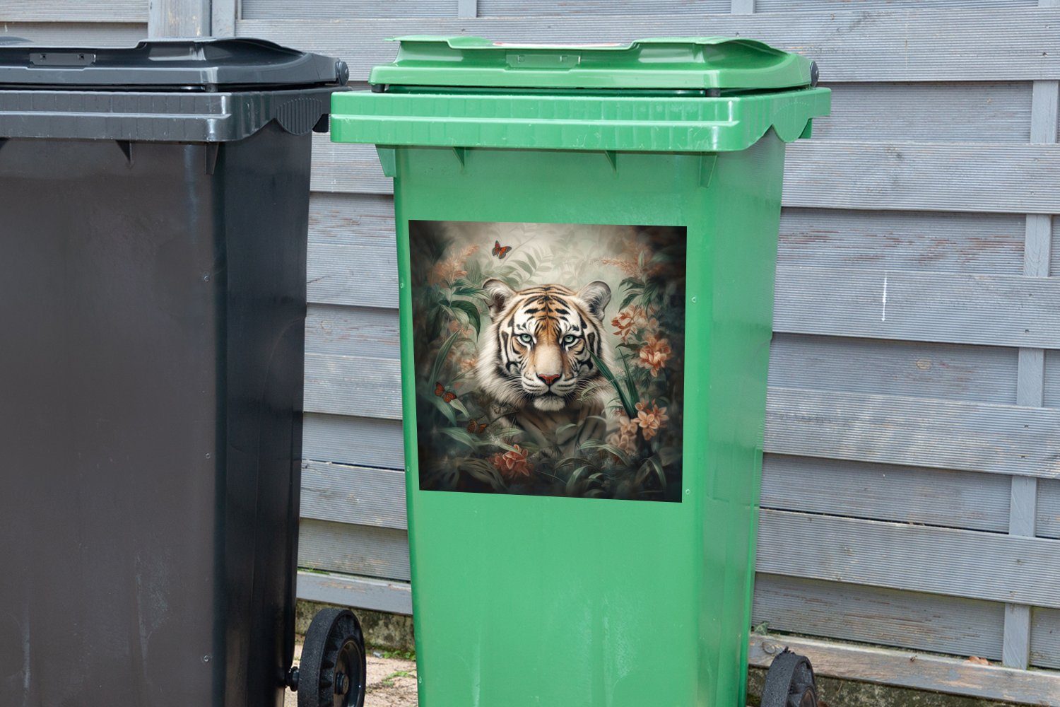 MuchoWow Wandsticker Tiger St), Schmetterlinge - - Mülleimer-aufkleber, Tiere - Mülltonne, Blumen Abfalbehälter (1 Dschungel - Sticker, Container