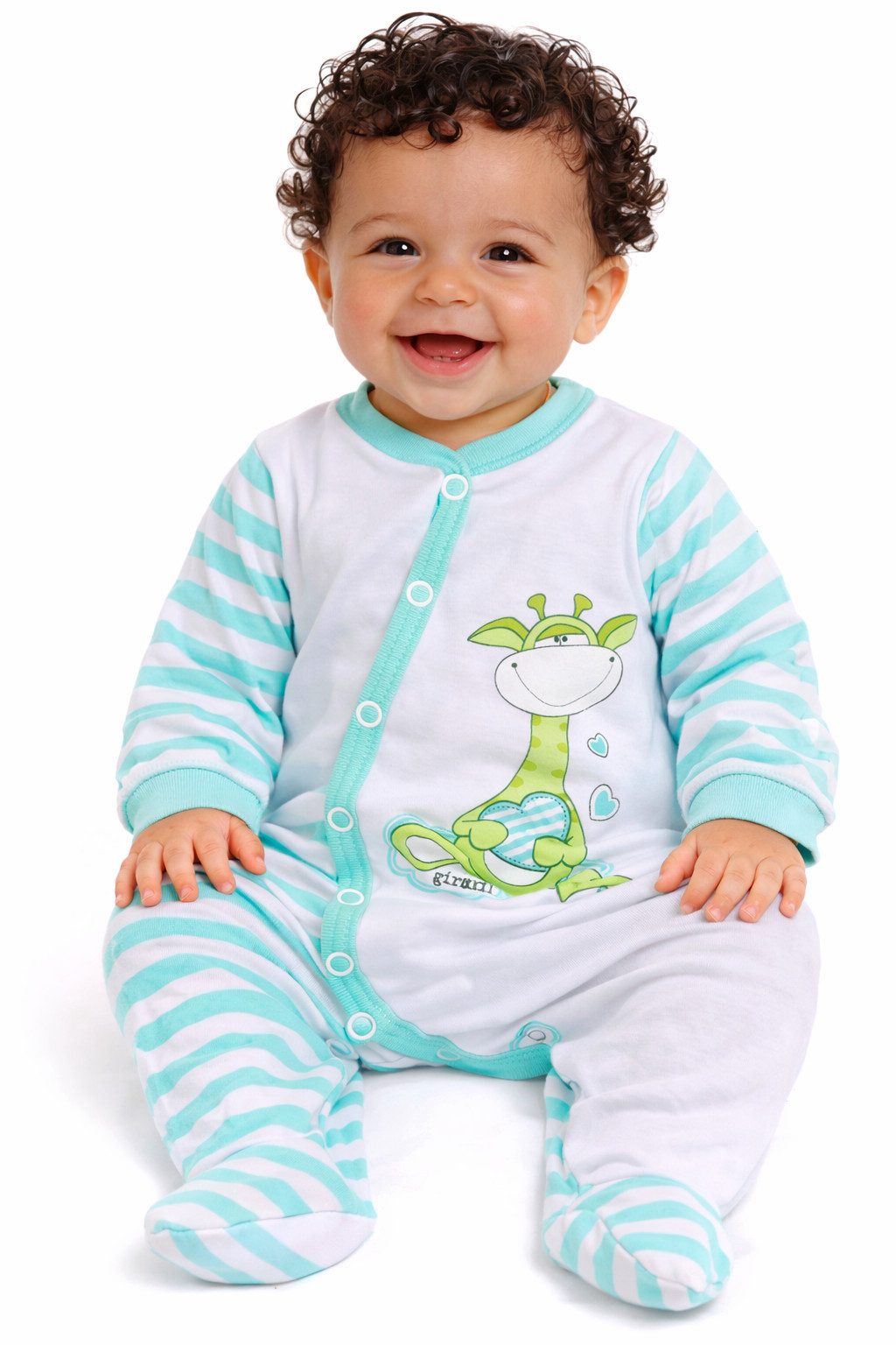 Strampler Baby Overall Einteiler gestreift mit Giraffen unisex für Neugeborene