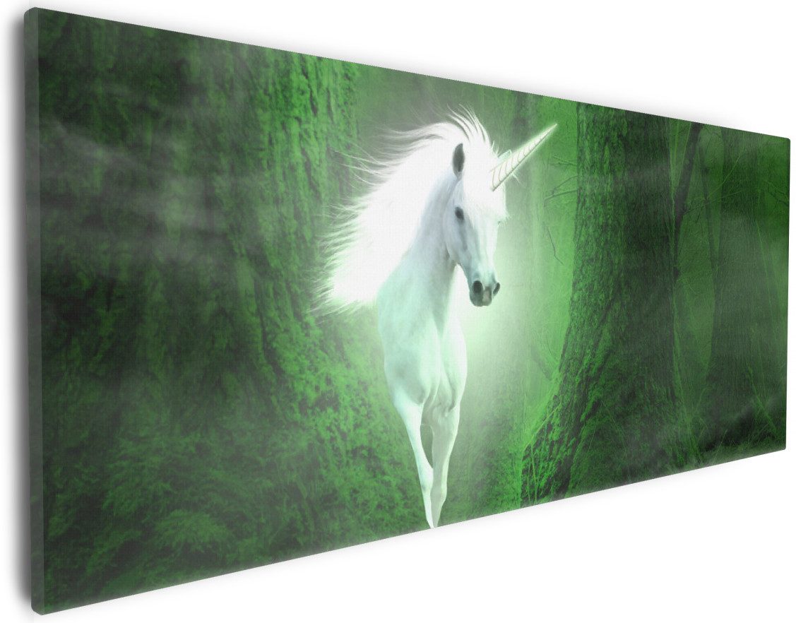 Wallario Leinwandbild, Weißes Einhorn im grünen Wald, in verschiedenen Ausführungen