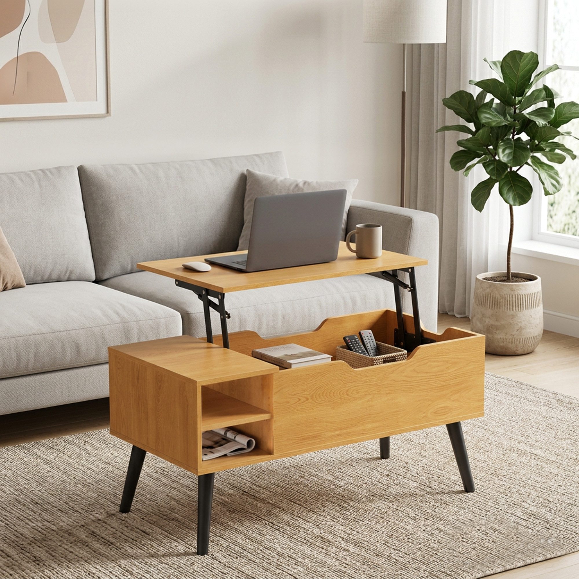 OYRREU Couchtisch höhenverstellbarer Sofatisch mit Liftplatte, Naturholz (Set, inkl. Zubehörpaket & Anleitung, aufklappbar, versteckter Stauraum), 80 x 40 x (44-58) cm Beistelltisch, modern, offenem Fach, Ablage