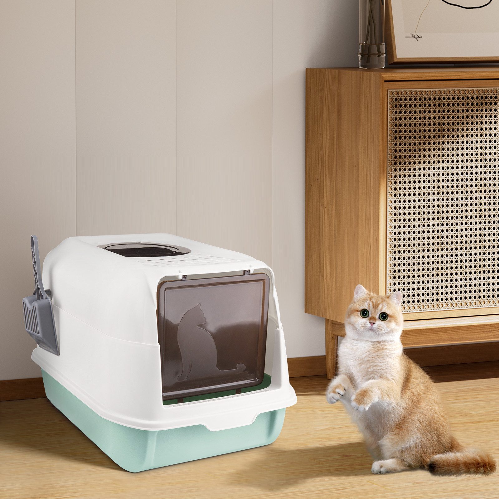 JEOBEST Katzentoilette Katzenklo mit Schaufel, Toilet, Offene Toilette - HellBlau Bodenschale, Hoher Abnehmbarer Rand, Für große Katzen, Kätzchen 36 x 51 x 34cm