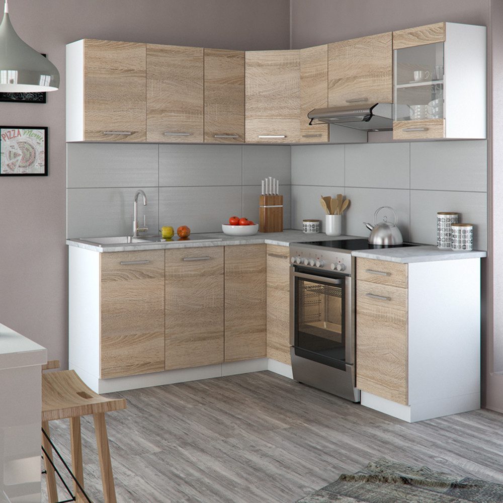 Cuisine d'angle Vicco Rick, blanc/Sonoma, 187 x 167 cm, plan de travail en marbre