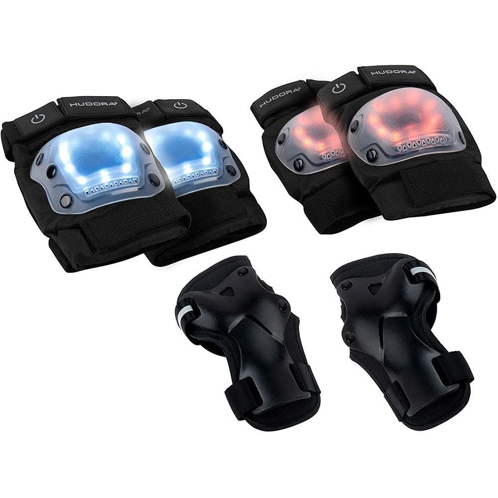 Hudora Protektoren-Set Kinder & Größe: Skates M LED auf Scooter Set, Erwachsene Sichtbarkeit Optimale Schoner Protektoren